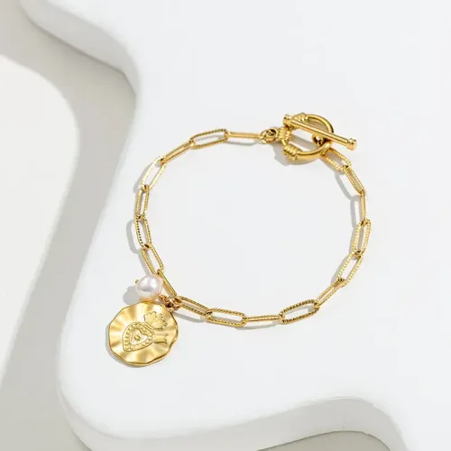 BTM1648 Red Turquoise Bull Horn Heart Bracelet for Women Long O-Chain with OT Clasp in Stainless Steel