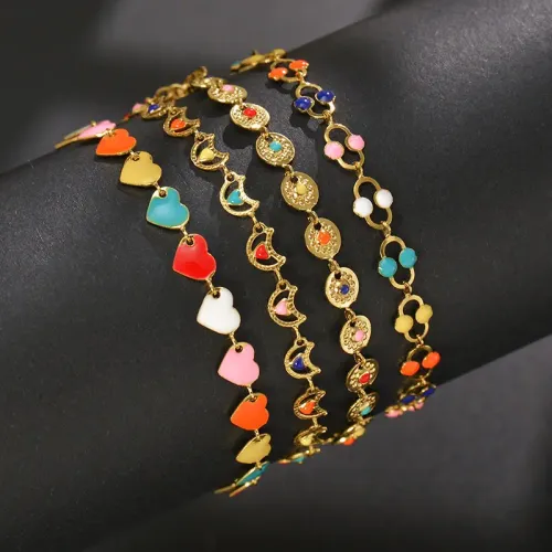 BTM1793 Colorful Oil Heart Moon Pendant Chain Bracelet for Women Stainless Steel Elegance