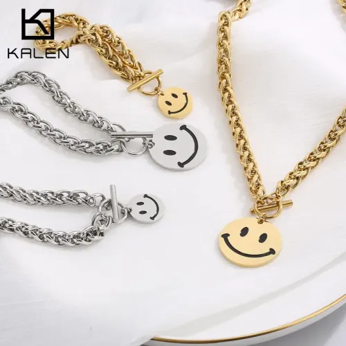 BTM1148 Smiley Face Horseshoe OT Clasp Necklace and Bracelet Set Stainless Steel for Women