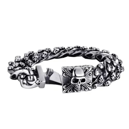 BTM671 Titanium Steel Clasp Bracelet Punk Skull Bangle with Chunky Stainless Steel Cast Wristband