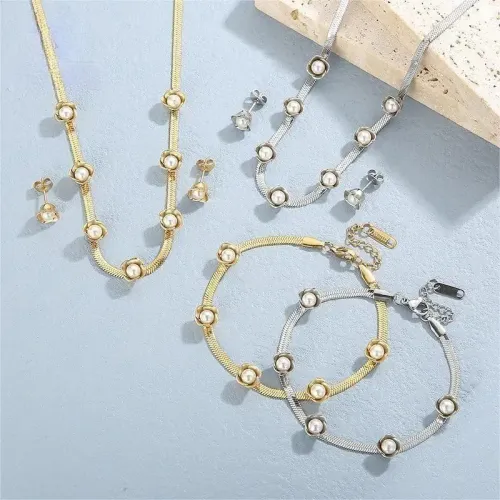 BTM1291 Elegant Pearl Titanium Steel Necklace Stud Earrings Snake Bone Chain Bracelet Set for Women