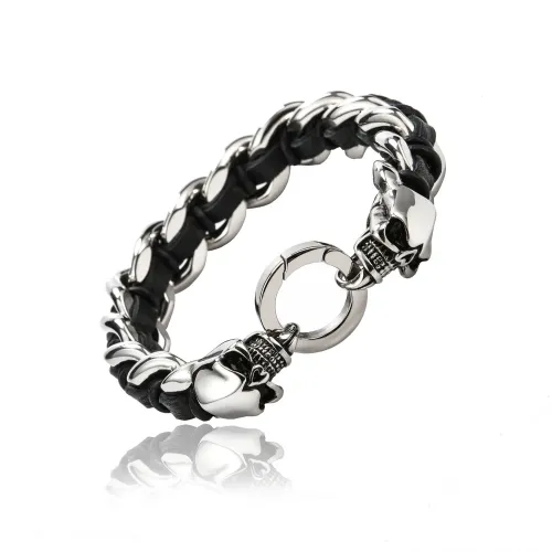 BTM899 Men's Stainless Steel Thick Skull Bracelet Titanium Leather Cord Jewelry
