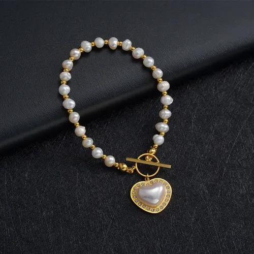BTM1573 Pearl Beaded Love Heart Diamond Pendant OT Clasp Bracelet for Women Stainless Steel Elegance