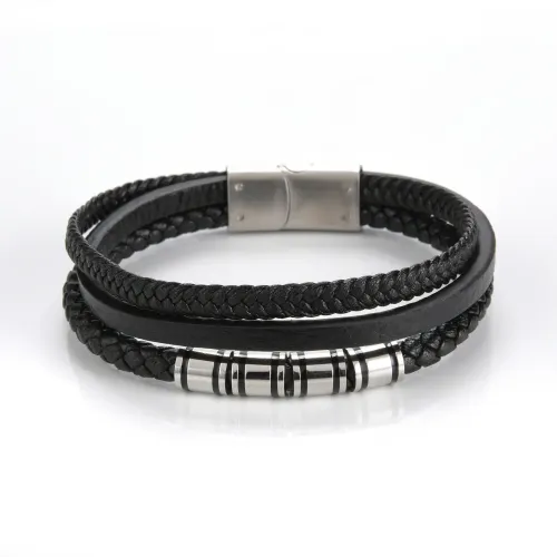 BTM800 Men's Multi-Layer Woven Leather Bracelet with Stainless Steel Beads