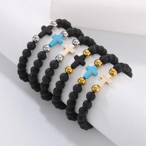 BTM1089 8mm Volcanic Stone Bead Bracelet with Cross Charm for Women Spiritual Jewelry