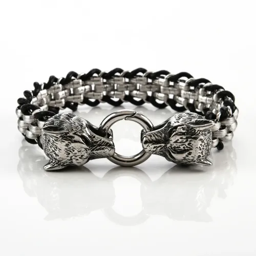 BTM903 Viking Bracelet with Punk Double Wolf Head Men's Stainless Steel Woven Titanium Animal Chain