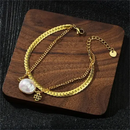 BTM1606 Double Layer Stainless Steel Pearl Bracelet Geometric Bangle for Sophisticated Style