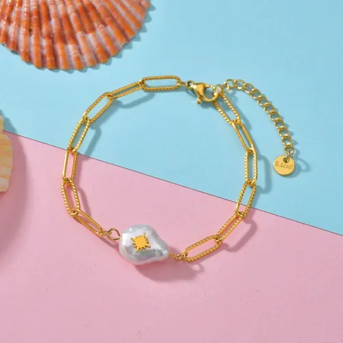 BTM1624 Stainless Steel Pearl Bracelet with Embossed Chunky Chain Star Pendant for Women Luxury Jewelry