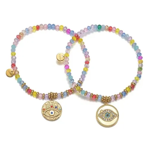 BTM1643 14K Gold Colorful Bead Chain with Diamond Eye Pendant Bracelet for Women Stainless Steel Jewelry