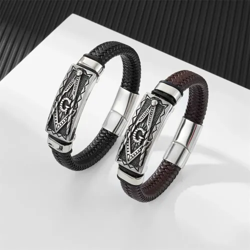 BTM787 Men's Freemason Stainless Steel Logo Leather Bracelet Genuine Woven Leather Cord Accessory