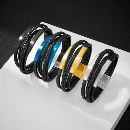 BTM764 Punk Men's Braided Stainless Steel Leather Bracelet Multi-Layer Leather Wristband Accessory