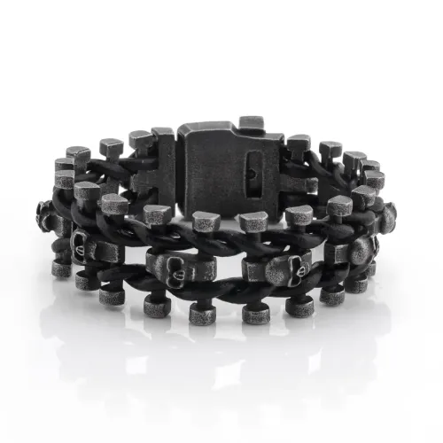BTM1391 Gothic Skull Black Leather Buckle Stainless Steel Bracelet Punk Rap Fashion Accessory