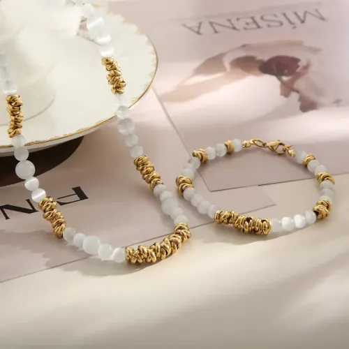 BTM1085 Bohemian opal Stone Necklace Bracelet Set Titanium Stainless Steel Beaded Jewelry for Women