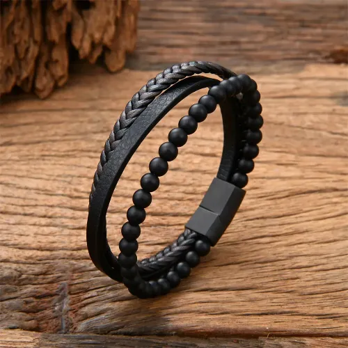 BTM805 Men's Natural Agate Bead Multi-Layer Leather Bracelet Woven Cord Wristband