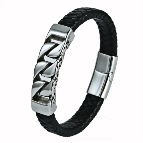 BTM662 Titanium Steel Leather Cord Bracelet | Cross Pattern Stainless Magnetic Clasp Wristband