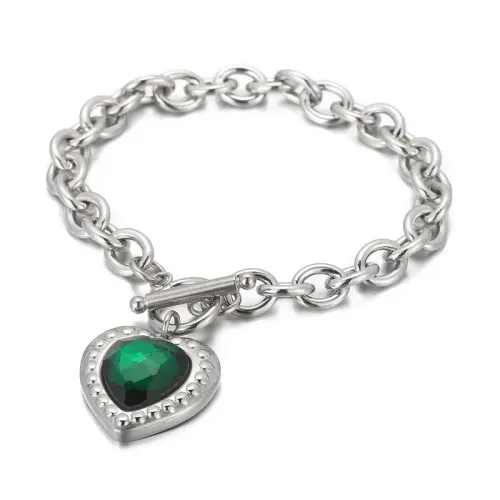 BTM1125 OT Clasp Textured Stainless Steel Bracelet with 18K Gold Heart-Shaped Glass Luxury Jewelry