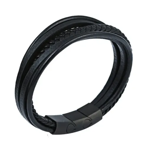BTM659 Handcrafted Titanium Steel Bracelet Men's Multi-Layer Leather Wristband with Black Magnetic Clasp