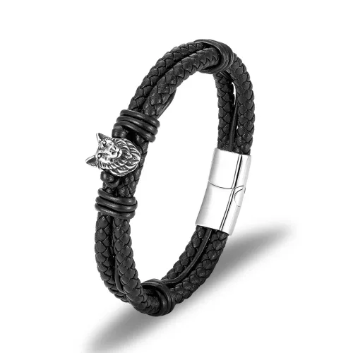 BTM753 Men's Custom Logo Titanium Steel Bracelet Natural Stone Beads Multi-Layer Braided Leather Rope