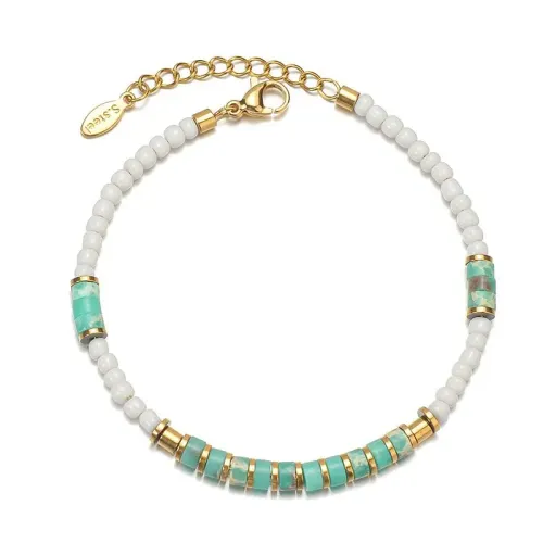 BTM1599 14K Gold Turquoise Tri-Color Beaded Bracelet for Women Stainless Steel Luxury Jewelry