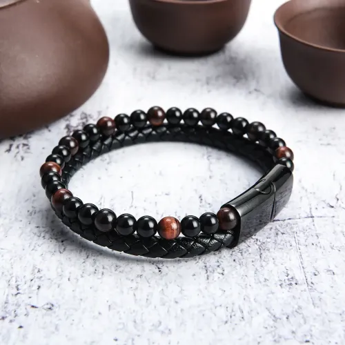 BTM762 Men's Red Tiger Eye Bead Double Leather Bracelet | DIY Stainless Steel Magnetic Clasp