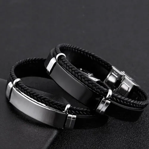 BTM680 Hip Hop Punk Double-Layered Leather Bracelet with Titanium Chain Customizable LOGO