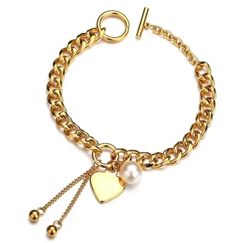 BTM1642 Gold Vacuum Plated Stainless Steel OT Chain with Pearl Heart Pendant Bracelet Elegant Jewelry