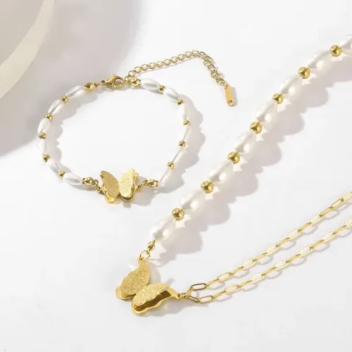 BTM1070 Faux Pearl Bracelet Stainless Steel Butterfly Necklace Set for Women Elegant Jewelry Combo