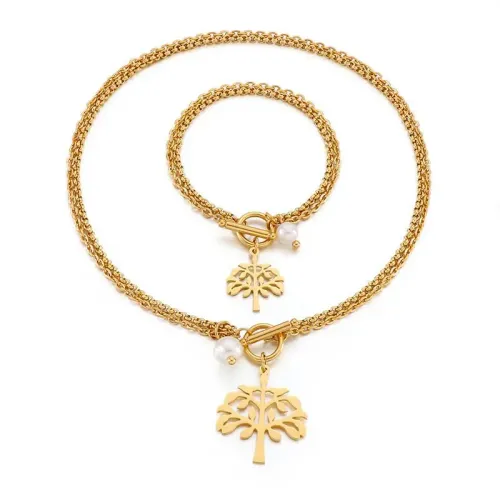 BTM1228 Hip-Hop OT Clasp Titanium Steel Tree of Life Double-Layer Bracelet Necklace Set Christmas Special