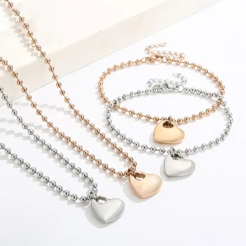 BTM1045 Heart-Shaped Necklace Bracelet Set for Women Stainless Steel Love Jewelry