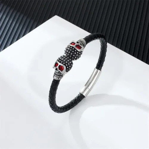BTM712 Alternative Stainless Steel Diamond-Set Skull Leather Bracelet Men's Leather Wristband