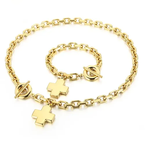 BTM1239 18K Gold Cross Pendant OT Clasp Hip-Hop Necklace Bracelet Set for Women Stainless Steel