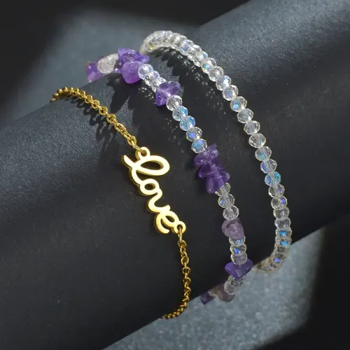 BTM1678 Purple Beaded Letter Bracelet for Women Stainless Steel Fashion Accessory