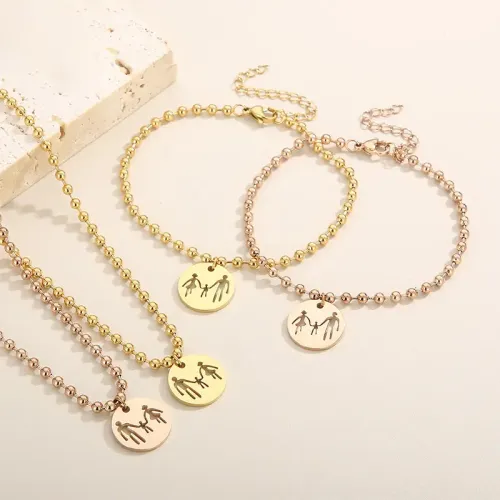 BTM1015 Mother's Day Titanium Steel Round Pendant Bracelet Necklace Set Family Bond Jewelry