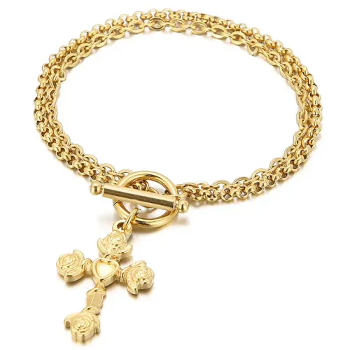BTM1064 Stainless Steel Heart Rose Cross Pendant Double-Layer Bracelet with OT Clasp Women's Jewelry