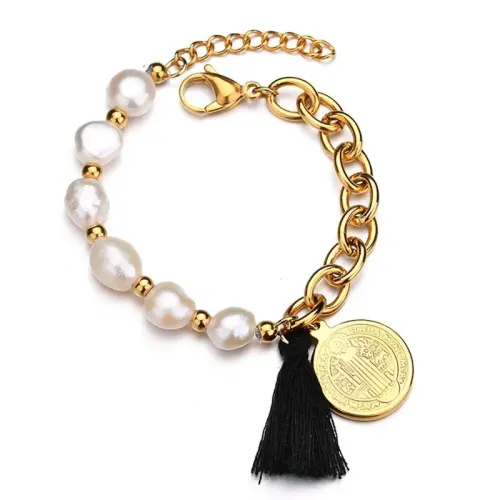 BTM1625 Elegant Pearl Bracelet with Black Rope Tassel Stainless Steel Corrosion-Resistant