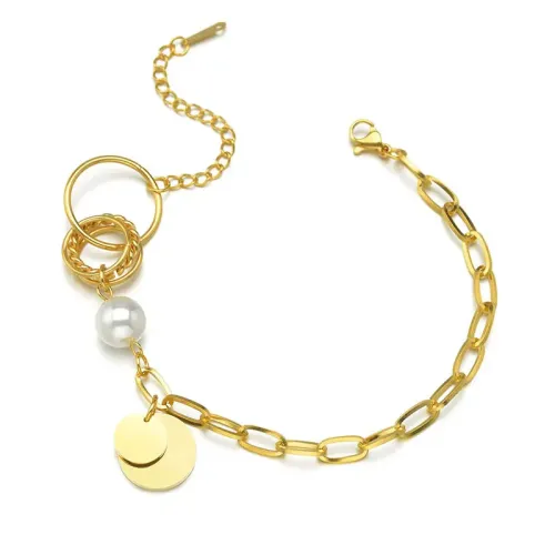 BTM1722 Elegant Pearl Round Tag Bracelet for Women Titanium Steel Sophisticated Bangle