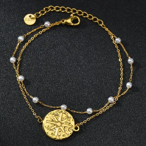 BTM1652 Titanium Steel Pearl Bead Double Layer Bracelet for Women Elegant Accessory