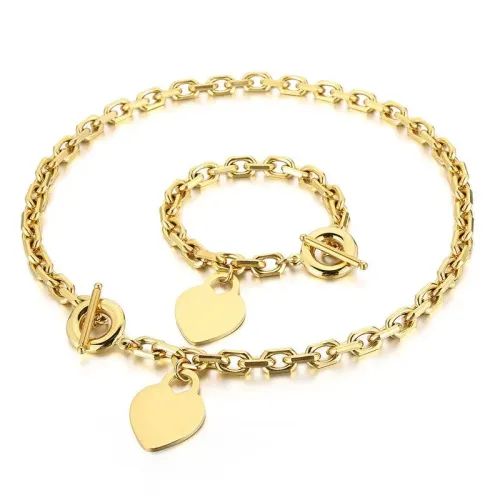 BTM1186 Heart Pendant OT Clasp Hip-Hop Disco Necklace Bracelet Set Stainless Steel for Women