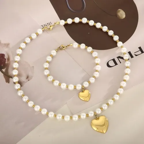 BTM1043 Faux Pearl Beaded Necklace Heart Pendant Bracelet Set Elegant Jewelry Duo