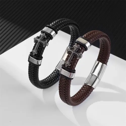 BTM766 Men's Cross Bracelet Titanium Steel Cross Leather Woven Wristband