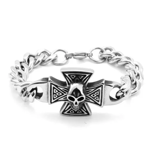 BTM636 Men's Titanium Steel Skull Bracelet | Polished Stainless Cross Skull Wristband