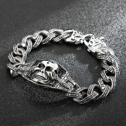 BTM1390 Men's Stainless Steel Skull Bracelet Bold Edgy Biker Jewelry