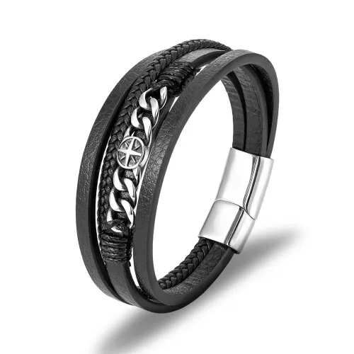 BTM745 Wide Genuine Leather Stainless Steel Bracelet Titanium Punk Men's