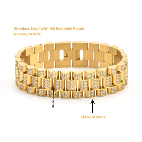 BTM1401 16mm Solid Stainless Steel Stone-Set Gold Band Adjustable Titanium Men's Bracelet