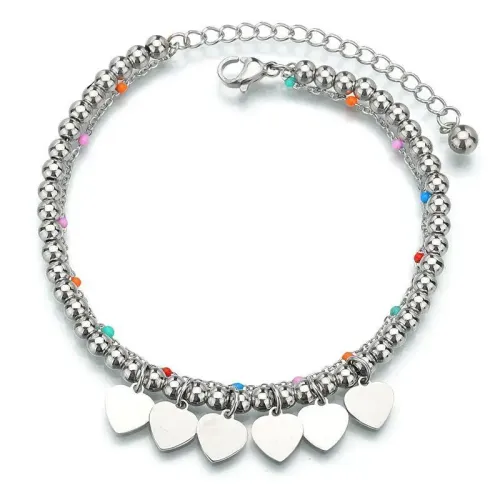 BTM1675 Heart-Shaped Stainless Steel Adjustable Beaded Bracelet Colorful Rice Beads Love Jewelry
