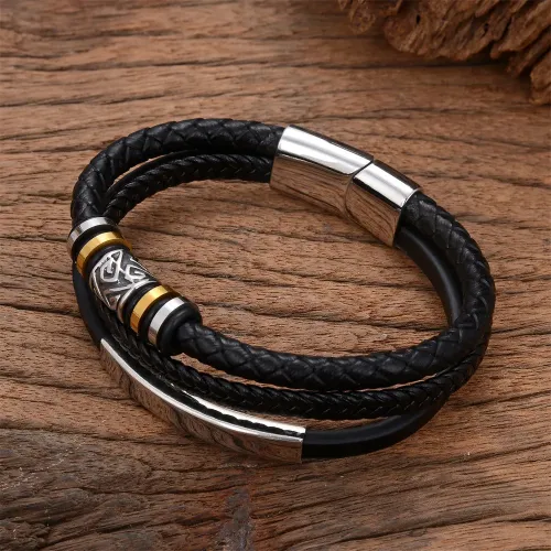 BTM749 Men's Multi-Layer Leather Bracelet | Stainless Steel ID Tag Microfiber Weave
