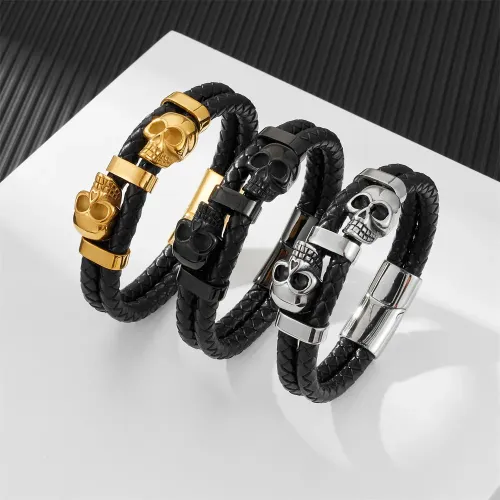 BTM803 Men's Leather Stainless Steel Skull Bracelet Titanium Ghost Head Cord Wristband