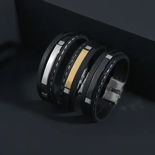 BTM1783 DIY Custom Stainless Steel Bend Tag PU Leather Braided Bracelet for Boyfriend Personalized Gift