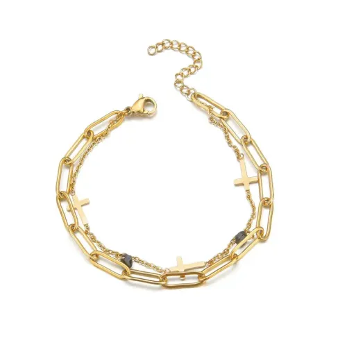 BTM1551 14K Gold-Plated Double-Layer Cross Bracelet with Black Diamonds Stainless Steel Women's Jewelry