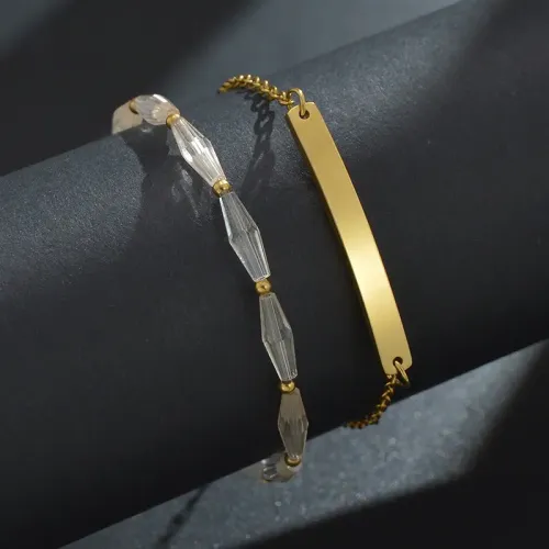 BTM1671 Acrylic Bead Double Layer Curved Tag Bracelet for Women Stainless Steel Stacking Jewelry